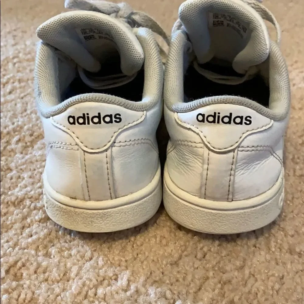 TWO pairs of ADIDAS white sneakers, sizes 13 and 1.